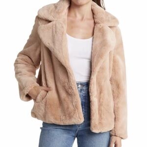 NINE WEST | Women’s Beige Faux Fur Notched Collar Teddy Jacket L (Clip Closure)